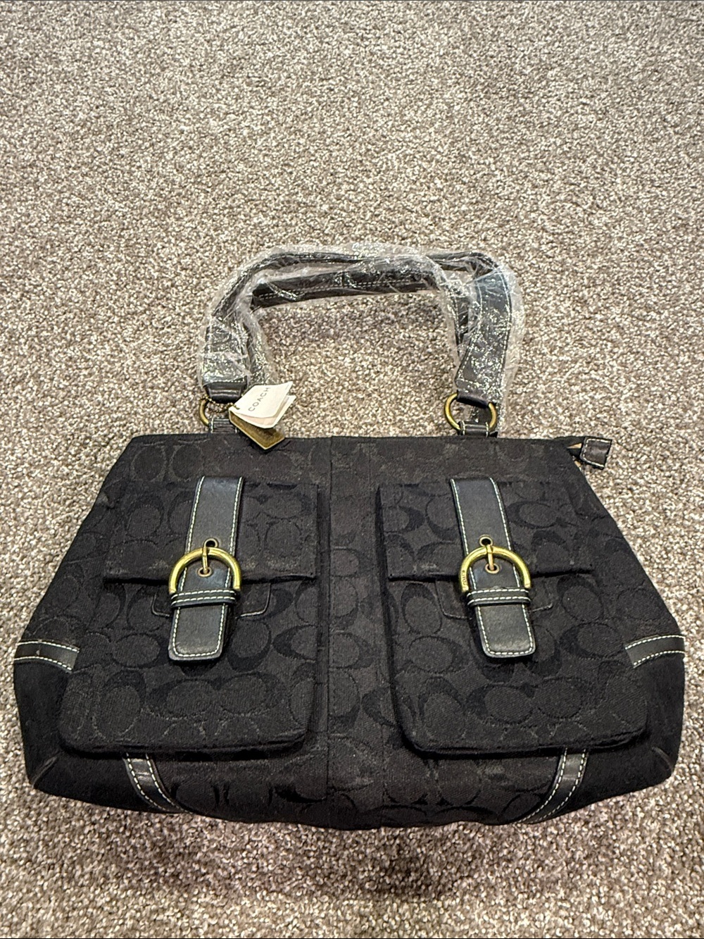 Coach Black Signature Canvas Tote with Gold-Tone Buckles